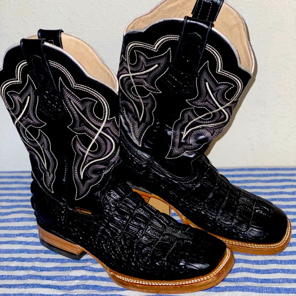 Other - 5 Ranch Cowboy Boots, Black Leather, Faux Crocodile, White Stitch, Size 8.5 Mens